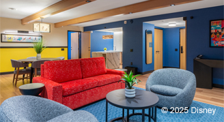 Image of a living area in a Three-Bedroom Pixel Suite.