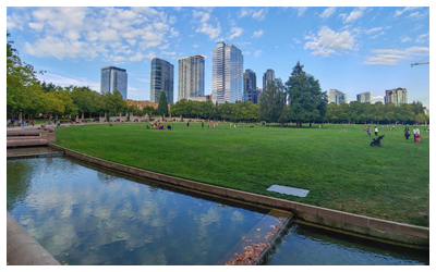 Image of a waterway and grass at Bellevue Park with the city in the background.