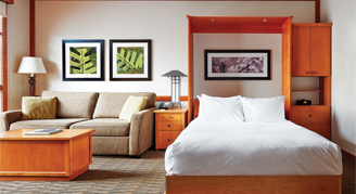 A room with a bed, couch, and coffee table