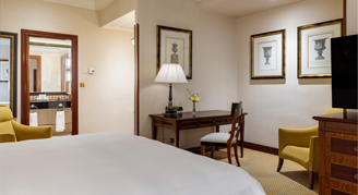 Premium room featuring a desk area, television and bed.