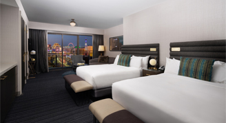 A view of the terrace studio with two queen beds and a view of Las Vegas