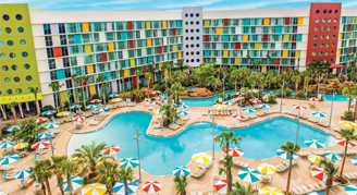 Aerial view of pool area at Universal Cabana Bay Beach Resort