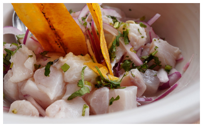 Close up view of a bowl of ceviche with plantain chips