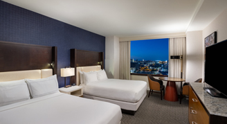 A view of the two queen beds in the City-View Room.