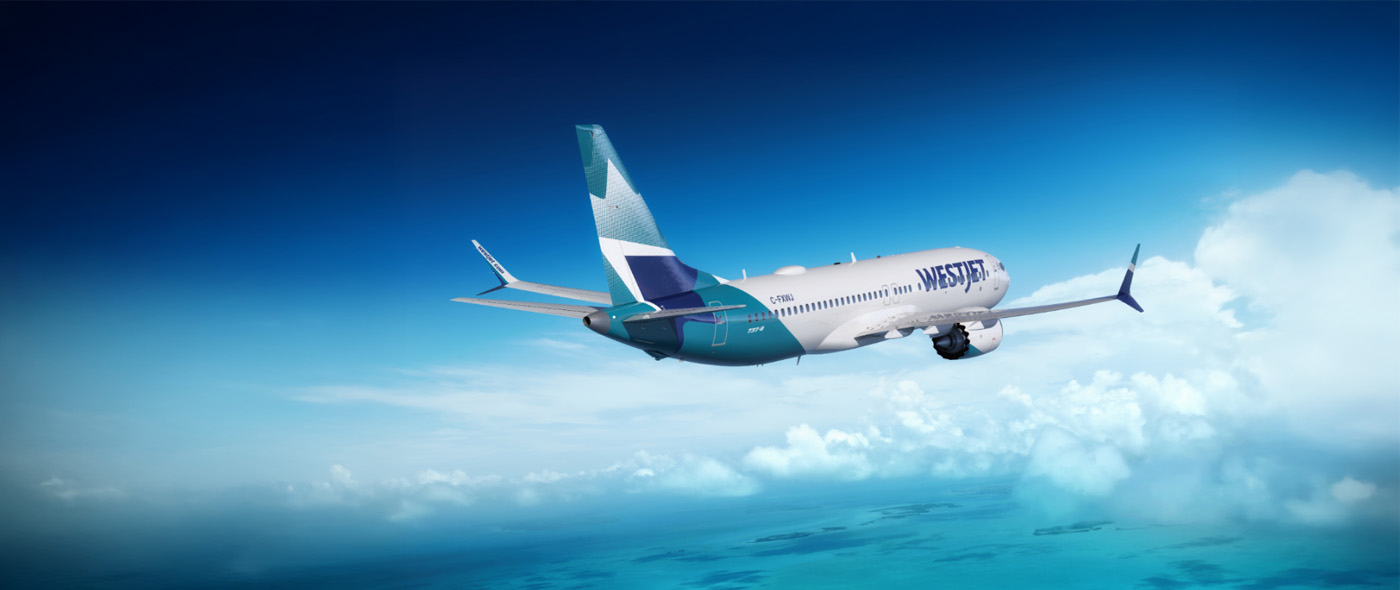 WestJet plane flying over clouds