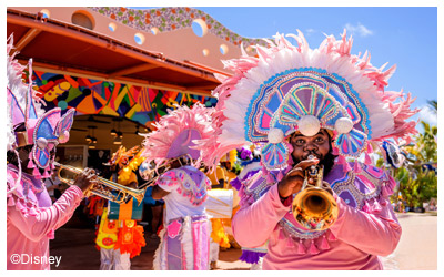Junkanoo-inspired inspired musicians play horn music.